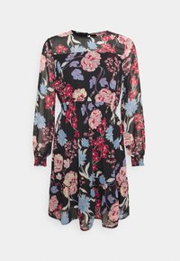 Veste preta de manga curta com padrões florais em vermelho, rosa e azul. Apresenta uma cintura ajustada e uma saia fluida feita de um tecido leve e suave.