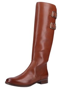 Botte en cuir marron montant jusqu'au genou avec une finition lisse, ornée de deux boucles métalliques et dotée d'un talon bas empilé.