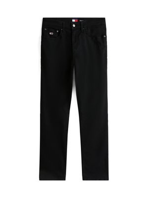 Black denim jeans with a straight-leg design. Features five pockets, front button closure, and stitching accents. Smooth texture and minimal branding.