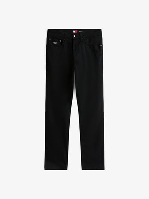 Černé džíny z denimu se střihem rovné nohavice. Obsahují pět kapes, přední zapínání na knoflík a švy jako akcenty. Hladká textura a minimální branding.