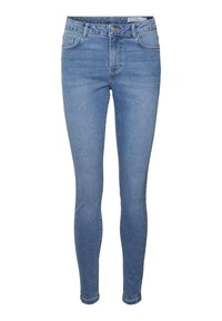 Slim-fit modre traperice z visokim pasom, pet žepov in gumbom za zapiranje. Gladka tekstura z minimalnim bledenjem in brez vzorcev.