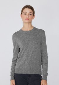 Grauer Strickpullover mit Rundhalsausschnitt, langen Ärmeln und geripptem Saum. Weicher Stoff und klassischer Schnitt, geeignet für legere Anlässe.