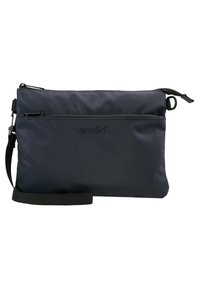 Borsa in nylon blu navy con una texture liscia, dotata di una tasca frontale con zip e una tracolla regolabile per il trasporto. Logo visibile sul fronte.