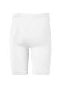Weiße Sportshorts mit einer enganliegenden Passform, hergestellt aus einem glatten, dehnbaren Material. Sie verfügen über einen weichen Bund mit dem "uhlsport"-Logo.