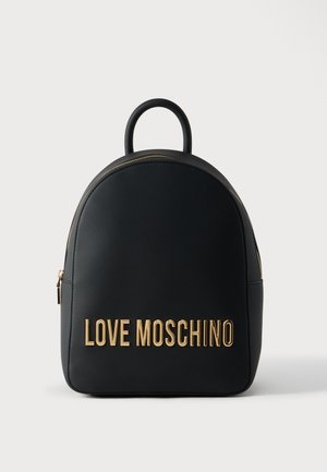 Black faux leather backpack with a rounded shape, featuring gold "LOVE MOSCHINO" logo, zip closure, and top handle. Smooth texture.