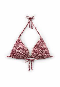 Röd blommönstrad bikinitopp med triangulär form, justerbara nack- och ryggband, och cremefärgad spetskant längs kanterna.