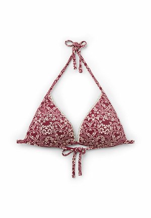 Röd blommönstrad bikinitopp med triangulär form, justerbara nack- och ryggband, och cremefärgad spetskant längs kanterna.