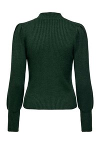 Dark green ribbed sweater with long sleeves, high collar, and puffed shoulder detail. Soft texture, fitted shape, and seamless design.
