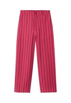 Pantaloni a gamba larga a righe rosse e bianche, con vita elastica e chiusura a bottone, realizzati in tessuto leggero. Texture morbida.