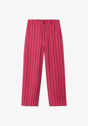 Červenobílé pruhované široké kalhoty s elastickým pasem a knoflíkovým uzávěrem, vyrobené z lehké látky. Hladký povrch.