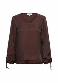 Bruine, semi-doorzichtige blouse met V-hals, lange mouwen en gatherende manchetten. Gladde textuur met een subtiele glans, losse pasvorm en ronde zoom.