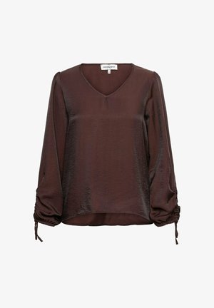 Bruine, semi-doorzichtige blouse met V-hals, lange mouwen en gatherende manchetten. Gladde textuur met een subtiele glans, losse pasvorm en ronde zoom.