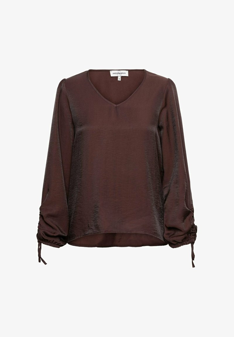 Bruine, semi-doorzichtige blouse met V-hals, lange mouwen en gatherende manchetten. Gladde textuur met een subtiele glans, losse pasvorm en ronde zoom.