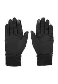 Gants d'hiver noirs avec des embouts compatibles avec les écrans tactiles sur le pouce et l'index, présentés paume tournée vers le haut sur un fond blanc.