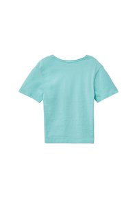 Lichtblauw katoenen T-shirt met korte mouwen, ronde halslijn en een effen kleur zonder patronen of accenten. Achteraanzicht weergegeven.