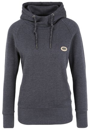 Sötét szürke kapucnis pulóver húzózsinórral, bordázott mandzsettákkal és szegéllyel. Elöl bal oldalon található egy kis bézs logó. Puha szövet textura.