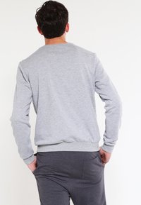 Sudadera gris de manga larga, con puños y dobladillo de canalé. Textura suave, diseño minimalista, vista trasera que muestra un cuello redondo y sin gráficos.
