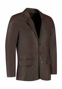 Brun læderblazer med notch-lapel, to frontlommer, tre knapper og en glat tekstur. Ingen synlig foring eller yderligere detaljer.