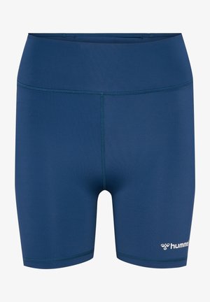 Marinfärgade träningsshorts tillverkade av elastiskt material, med platta sömmar, hög midja och en vit logotyp på nedersta högra sidan.