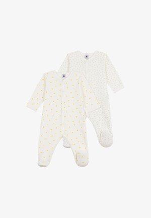 Twee lange mouwen baby voetenschelp pyjama's, één met gele stippen en één met groene stippen, beide met drukknoopsluiting aan de voorkant.