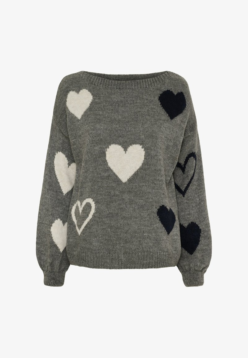 Grå sweater med oversized pasform, der har hvide og maritime hjerter i forskellige størrelser. Ribbet halsudskæring og manchetter, blød strikket tekstur.