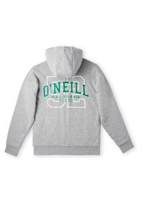 Šedá mikina s kapucí, která na zadní straně nese zelenou a bílou grafiku s nápisem "O'NEILL CALIFORNIA" a má boxový design. Jemnulinký materiál, ribbené manžety.