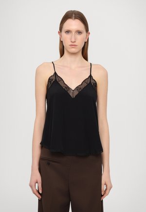 Camisole negru cu dantelă la decolteu și la tiv. Dispune de bretele subțiri, ajustabile și are un design moale și fluid.