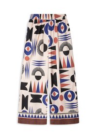 Wide-leg trousers in a lightweight fabric featuring a multicolored geometric pattern of black, blue, red, and cream, with an elastic waistband.