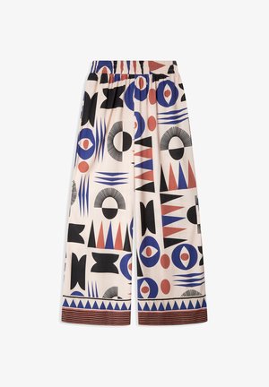 Pantalones de pierna ancha en una tela ligera con un patrón geométrico multicolor en negro, azul, rojo y crema, con una cinturilla elástica.