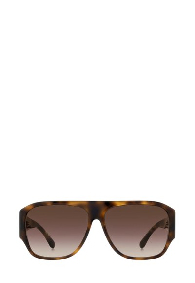 Occhiali da sole oversize quadrati con montatura tartarugata, lenti sfumate marroni e bordi spessi, visti frontalmente.