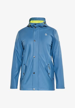 Blue waterproof jacket featuring a hood, snap front, and two side pockets. Interior has a contrasting lime green lining.