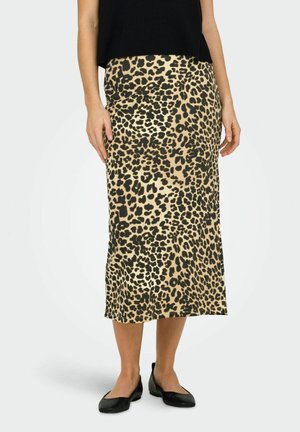 Leopardprint midi-skjorte med tætsiddende silhuet, lavet af letvægtsstof, med nuancer af beige, brune og sorte.