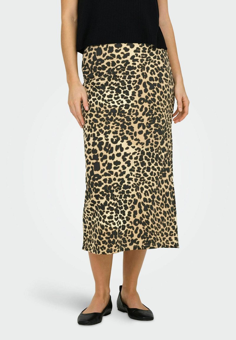 Leopardprint midi-rok met een getailleerde silhoutte, gemaakt van lichte stof, met tinten beige, bruin en zwart.