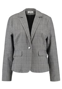Blazer grigio a quadri con un design strutturato, caratterizzato da rever a punta, chiusura con un solo bottone frontale e due tasche frontali.