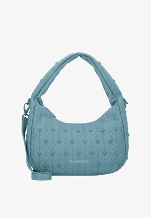 Gequilte lichtblauwe schoudertas met een ronde vorm, ruitpatroon en een gevoerd handvat. Voorzien van een afneembare schouderriem en een zilveren logoaccent.