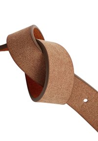 Sangle marron texturée avec un bord marron lisse, présentant un design en boucle unique. Elle a une légère brillance et un trou pour le réglage.