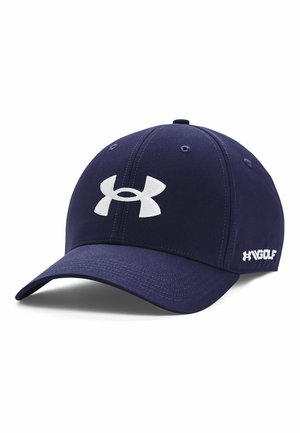 Navy baseball cap with a curved brim, made of fabric, featuring a large white Under Armour logo on the front and 'HIGOLF' on the side.