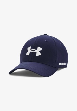 Marineblauer Baseball-Cap mit gebogenem Schild, aus Stoff gefertigt, mit einem großen weißen Under Armour-Logo auf der Vorderseite und 'HIGOLF' an der Seite.