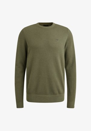 Maslinasto zelena pletena sv sweater s teksturiranim uzorkom, okruglim izrezom i rebrastim manžetama i donjim dijelom. Sadrži mali logo na prsima.