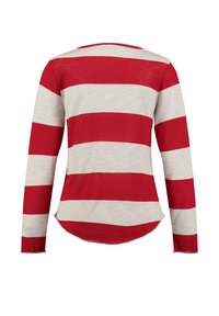 Langsleeve top met afwisselend rode en crème horizontale strepen. Zachte stof, ronde hals en ronde zoom met een iets losse pasvorm.