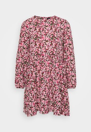 Abito floreale con maniche lunghe, motivo rosa e nero con piccoli fiori, vestibilità rilassata, scollatura rotonda e vita arricciata.