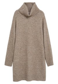 Pull beige surdimensionné avec un col roulé côtelé, des manches longues et une texture douce, présentant une coupe décontractée et un minimum de détails.