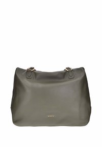 Borsa tote in pelle verde oliva con due manici superiori, texture liscia e dettaglio logo in oro. Forma semplice, rettangolare con angoli arrotondati.
