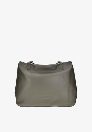 Borsa tote in pelle verde oliva con due manici superiori, texture liscia e dettaglio logo in oro. Forma semplice, rettangolare con angoli arrotondati.