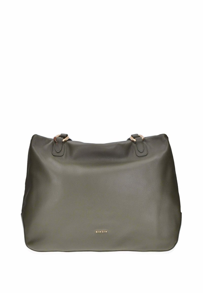 Borsa tote in pelle verde oliva con due manici superiori, texture liscia e dettaglio logo in oro. Forma semplice, rettangolare con angoli arrotondati.