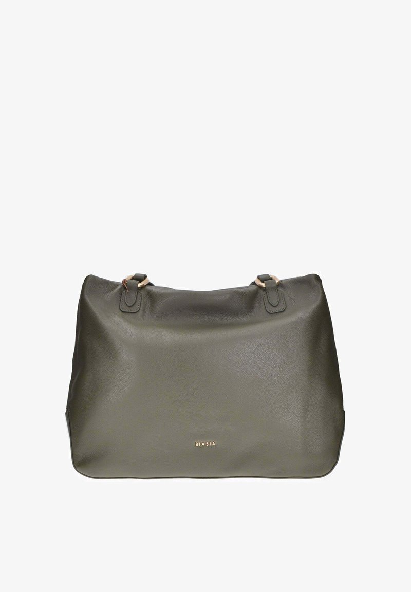 Borsa tote in pelle verde oliva con due manici superiori, texture liscia e dettaglio logo in oro. Forma semplice, rettangolare con angoli arrotondati.