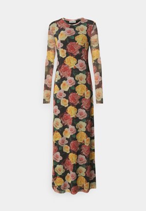 Long black dress with floral print featuring pink, yellow, and peach roses. Made of sheer material with a round neckline and long sleeves.