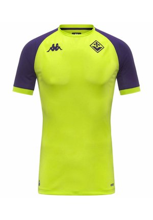Maillot de sport à manches courtes jaune vif avec manches violet foncé et logo sur la poitrine, présenté sur fond blanc.
