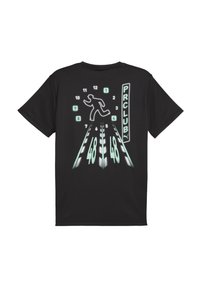 Sort T-shirt med neonlys ur-design, der viser en gående figur, lodret "PR CLUB" skilt og to parallelle veje markeret med nummer 48.