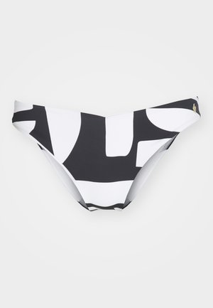 Črna in bela bikini spodnji del z geometrskim vzorcem. Narejen iz gladkega materiala, z nizkim pasom in minimalno pokritostjo.
